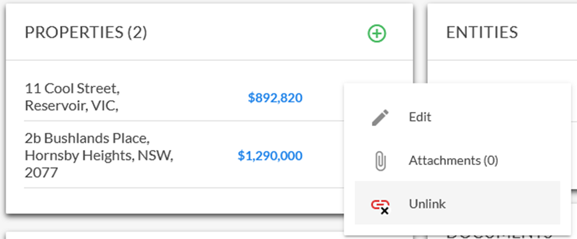 Property Options Menu Unlink Property Options Menu Unlink