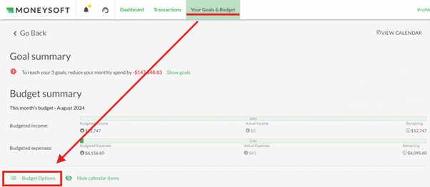 Picture 1 Access Budget page click on Budget Options