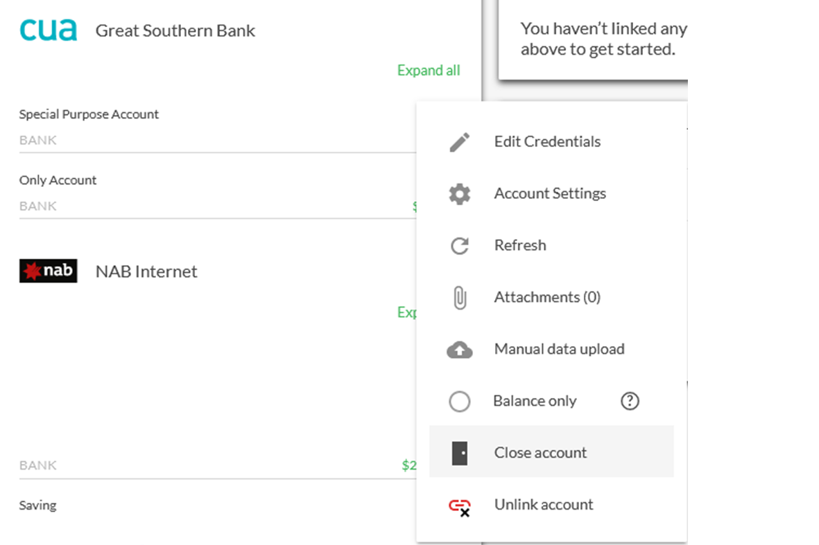 Financial Account Options Menu Close Account