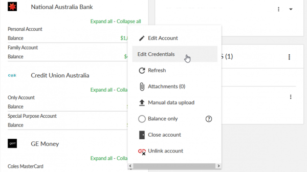 Financial Account Options Menu Edit Credentials