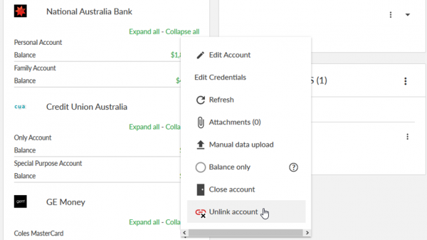 Financial Account Options Menu Unlink Account 1